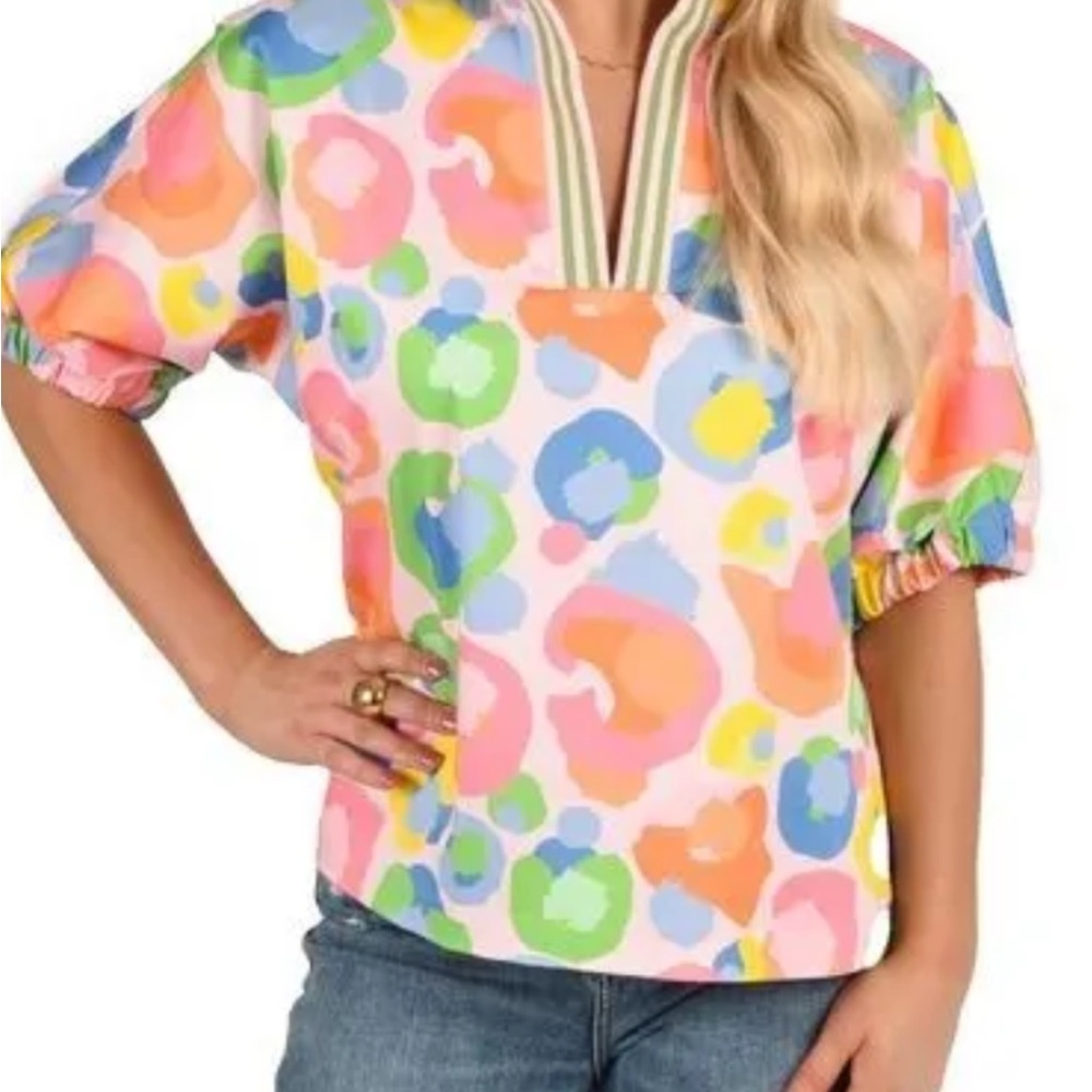 Emily McCarthy Poppy top, pink ('Candy Cheetah') Puff Sleeve Top- Size Sm